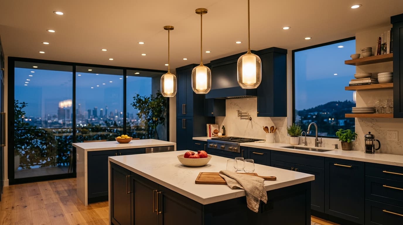 Recessed lighting installed in a beautiful Los Angeles kitchen